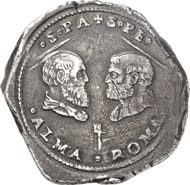 1178: Papal coins and medals: Clement VII, 1523-1534. Ducato n. y. (1527), Rome. Muntoni 21. Of greatest rarity and high historical significance. Very fine. Estimate: 10,000 euros. Hammer price: 26,000 euros.
