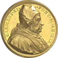 1770: Papal coins and medals: Clement XI, 1700-1721. Gold medal 1719 by E. Hamerani on the Asia mission. Bartolotti 719. Of great rarity. Extremely fine to brilliant uncirculated. Estimate: 4,000 euros. Hammer price: 21,000 euros.