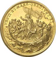 1770: Papal coins and medals: Clement XI, 1700-1721. Gold medal 1719 by E. Hamerani on the Asia mission. Bartolotti 719. Of great rarity. Extremely fine to brilliant uncirculated. Estimate: 4,000 euros. Hammer price: 21,000 euros.