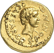 Nr. 992. Roman Republic. Octavian. Aureus, mint in Gallia Cisalpina, 43 B. C. Cr. 490/2. Acquired from Harlan Berk in 1985. Very rare. Very fine to extremely fine. Estimate: 75,000 euros. End result: 120,750 euros.