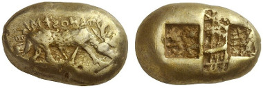 252: Phanes (Ephesos / Ionia). Electrum stater, Milesian standard. BMC 1 (same dies = Weidauer 39). Extremely rare. Extremely fine. From Rosen Collection, New York. Starting price: 150,000 euros. Hammer price: 280,000 euros.