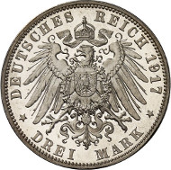 Lot 4705: IMPERIAL COINAGE. Saxony. Frederick August III (1904-1918). 3 mark 1917 E. On the 400th Jubilee of the Reformation. J. 141. Very rare. Proof. Estimate: 60,000,- euros. Hammer price: 67,000,- euros.