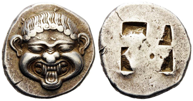 14366. MACEDON, Neapolis. Circa 500-480 BC. Stater (Silver, 20mm, 9.87 g). SNG ANS 418. SNG Oxford 2320. Svoronos pl. IX, 37. An impressive example with a magnificent head. Sharply struck and well centered. A few minor die flaws on the obverse, otherwise, extremely fine. Price: 14,500 CHF.