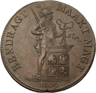 Lot 79: Rijksdaalder 1809. Pattern in bronse. Sch. 134b. 26.54 g. About UNC. Extremely Rare. Only a few examples struck. 12,500 euros.