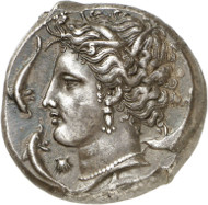 Lot 44: SICULO-PUNIANS (Sicily). Tetradrachm, 320-310. Acquired from Ratto in 1945. Marvelous style! About extremely fine. Estimate: 12,000,- euros. Hammer price: 24,000,- euros.