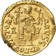 Lot 727: GLYCERIUS, 473-474. Solidus, Ravenna. Extremely rare. About extremely fine. Estimate: 30,000,- euros. Hammer price: 65,000 euros.