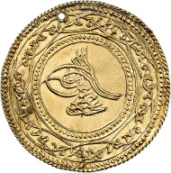 Lot 4285: ISLAM / OTTOMAN EMPIRE. Abd al-Hamid I, 1187-1203 H. (1774-1789). 1 1/2 altin 1187 H. / year 7 (= 1773). Misr Mint. Ziynet coinage following the Istanbul model. Extremey rare. Holed, very fine. Estimate: 1,000,- euros. Hammer price: 10,000,- euros.