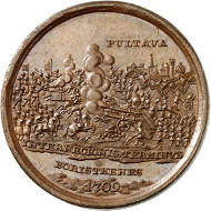 Lot 5010: RUSSIA. Peter I, 1682/89-1725. Bronze medal 1709 (later restrike) on the Battle of Poltava. Extremely fine to brilliant uncirculated. Estimate: 100,- euros. Hammer price: 300,- euros.