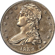 10108: 1839-O Capped Bust Half Dollar. Reeded Edge. HALF DOL. GR-1. Repunched Mintmark. Branch Mint Specimen-62 (PCGS). Price Realized: $105,750.