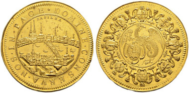 Lot 2069. 30 ducats n. d. (c. 1700). Dies by Justin de Beyer (1668-1738). D.T. 737, note (25 ducats). HMZ 2-77b, note. Fr. 31a (this specimen). Unique. Of utmost rarity. Uncirculated. Cabinet piece of the first order in splendid conservation. Estimate: 500'000 CHF. Result: CHF 725'000.