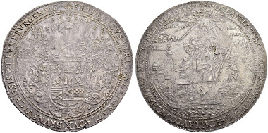 Lot 2634: Friedrich Ulrich, 1613-1634 6 Taler 1634. Zellerfeld, Silver from the St. Jakob Mine. Welter 1037. Duve 14 II. Müseler 10.2/55 c. Dav. 61. Of high rarity. Very fine. Planchet fault on reverse and on edge. Estimate: 10'000 CHF. Result: 17'000 CHF.