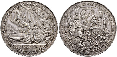 Lot 3686: Gustav II. Adolph, 1611-1632 Silver medallion in weight of 5 talers 1634. Maué 35. Dav. 275 A (as 5 talers under Erfurt). Very rare. Good extremely fine. Splendid specimen of this medal. Estimate: CHF 7'500. Result: CHF 14'000.