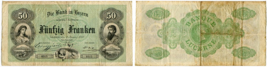 Lot 5433: Lucerne. Bank in Luzern. 50 Franken of 1. January 1877. Compare Richter/Kunzmann KA135a (There only as formula, no signed specimens known. Pick S386a. With signature of Leodegar Corraggioni. Of highest rarity. Folded several times and 1 needle hole. III. Estimate: 8'000 CHF. Result: 15'000 CHF.