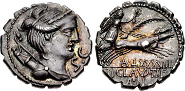 411607: Ti. Claudius Ti.f. Ap.n. Nero. 79 BC. Serrate Denarius. Crawford 383/1; Sydenham 770a; Claudia 6; RBW 1411. EF, deeply toned, traces of underlying luster.