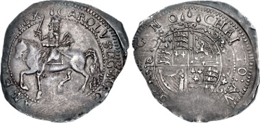 413565: STUART. Charles I. 1625-1649. Halfcrown. Hartlebury Castle, Worcester mint. Bull 679 (same dies); Brooker 1137 (same dies); North 2626; SCBC 3129. EF. Struck on usual irregular flan. Very rare.