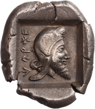 Lot 6: Stater, Lycia. Kherei, dynast. Ca. 440-400 BC. Mørkholm & Zahle II 55 (same die); SNG Cop. Suppl. 452. S. EF. Cabinet piece and beautiful patina. Very rare. 7850,- euros.
