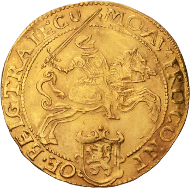 Lot 40: Utrecht. Early type of golden rider. 1608. Delm. 967 (R3); CNM 2.43.34. EF. Extremely rare. 3500,- euros.