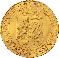 Lot 40: Utrecht. Early type of golden rider. 1608. Delm. 967 (R3); CNM 2.43.34. EF. Extremely rare. 3500,- euros.