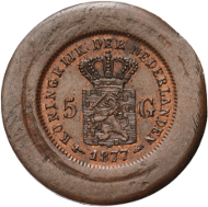 Lot 107: 5 guilder 1977. One-sided copper pattern of reverse. Utrecht. Cf. Sch. 560 (RRRR). Muntverslag 1986 article A. Scheffers. UNC. Unique example. Of utmost rarity. 35000,- euros.