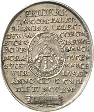 Lot 1706: HRE. Frederick Elector Palatine, 1619-1621. Struck oval-shaped silver medal, 1619, by Chr. Maler on the coronation as King of Bohemia. Extremely rare. Extremely fine to FDC. Estimate: 12,500,- euros. Hammer price: 21,000,- euros.