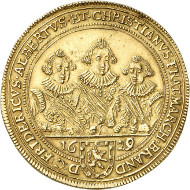Lot 4209: BRANDENBURG-ANSBACH. Frederick, Albrecht and Christian, 1625-1634. 5 ducats 1629, Nuremberg. Unique. Extremely fine. Estimate: 20,000,- euros. Hammer price: 38,000,- euros.