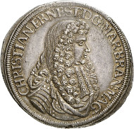 Lot 3643: BRANDENBURG-BAYREUTH. Christian Ernest, 1655-1712. Reichsthaler 1683, Bayreuth. Ex Wilmersdörffer Collection, Helbing Nachf. Auction 48 (1925), 658. Extremely rare. Extremely fine. Estimate: 10,000,- euros. Hammer price: 29,000,- euros.