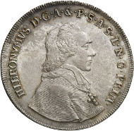 Lot 5727: SALZBURG. Hieronymus of Colloredo, 1772-1803. 1790 löwenthaler. Ex Leu Auction 75 (1999), 1100. Extremely rare. Nearly FDC. Estimate: 75,000,- euros. Hammer price: 85,000,- euros.