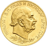 Lot 6415: MONTENEGRO. Nicholas I, 1860-1918. 100 perpera 1910, Vienna. Only 300 specimens struck. Extremely fine / extremely fine to FDC (Prooflike). Estimate: 12,500,- euros. Hammer price: 22,000,- euros.