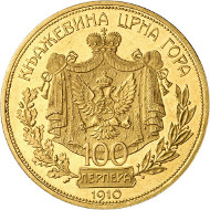 Lot 6415: MONTENEGRO. Nicholas I, 1860-1918. 100 perpera 1910, Vienna. Only 300 specimens struck. Extremely fine / extremely fine to FDC (Prooflike). Estimate: 12,500,- euros. Hammer price: 22,000,- euros.