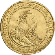 Lot 6914: GERMANY. Nuremberg. 6 ducats 1632, minted under Swedish occupation by Gustavus II Adolphus. Oldenburg Coll., ex Bukowski Auction 113 (1898), 1396. Extremely rare. Very fine to extremely fine. Estimate: 50,000,- euros. Hammer price: 80,000,- euros.