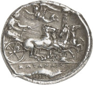 Lot 8117: GREEKS. Sicily. Catane. Tetradrachm, c. 405/402, signed by Herakleidas. Ex Jameson Coll. 547. Very rare. Extremely fine. Estimate: 100,000,- euros. Hammer price: 200,000,- euros.