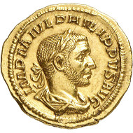 Lot 467: ROMAN EMPIRE. Philippus I Arabs, 244-249. Aureus, 244-247, Rome. FDC. Estimate: 32,000,- euros. Hammer price: 46,000,- euros.