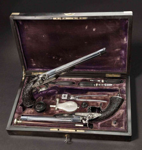 Deluxe pair of cased target pistols, Carl Daniel Tanner in Hanover, 1840/50. HP: 52,000 Euros. Copyright Hermann Historica oHG 2015.
