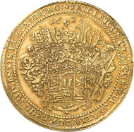 Lot 43: BRUNSWICK-WOLFENBÜTTEL. Frederick Ulrich, 1613-1634. Gold löser of 17 gold gulden 1625, Goslar or Zellerfeld. Made of metal mined from the St. Jakob Mine at Lautenthal. Specimen from the Pogge and Vogelsang Collection. Unique. Extremely fine. Estimate: 150,000,- GBP. Hammer price: 650,000,- GBP.