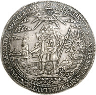 Lot 47: BRUNSWICK-WOLFENBÜTTEL. Frederick Ulrich, 1613-1634. Löser of 10 reichsthaler 1634, Zellerfeld. Made of metal mined from the St. Jakob Mine at Lautenthal. Very rare. Extremely fine. Estimate: 40,000,- GBP. Hammer price: 160,000,- GBP.