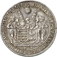 Lot 349: HENNEBERG. Reichsthaler 1698, Ilmenau. Made of metal mined from the mines at Ilmenau. Nearly extremely fine. Estimate: 600,- GBP. Hammer price: 900,- GBP.
