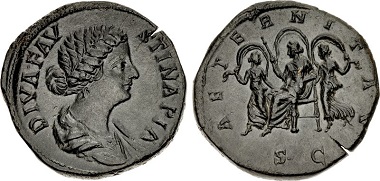 Diva Faustina Junior, died in the winter of 175. Sestertius, Rome, c. 176-180. Banti 7. BMC (Marcus Aurelius) 1568var. RIC (Marcus Aurelius) 1697var. Very rare. A remarkably beautiful example. Minor flan crack, otherwise, extremely fine.