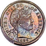 1894-S Barber Dime, Branch Mint PR66. Only 24 Examples Struck, Possibly Nine Known Today. Finest PCGS Specimen, Ex: Clapp-Eliasberg-Richmond. Price realized: $1,997,500.
