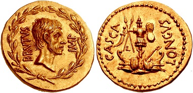 Lot 420: The Republicans. Brutus. Late summer-autumn 42 BC. Aureus. Military mint traveling with Brutus and Cassius. Crawford 507/1b. EF, peripheral marks in field on obverse. Very rare. Estimated at $750,000; Realized $800,000 on the hammer.