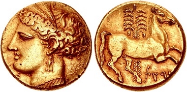 Lot 2030: CARTHAGE, First Punic War. Circa 264-241 BC. EL Tristater. Uncertain mint in Sicily. Jenkins & Lewis Group VIII, 327. Near EF, toned. Very rare. Estimated at $50,000; Realized $250,000 on the hammer.