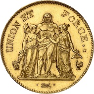 No. 499: FRANCE. Consulat. 1799/1804. 5 francs AN 10 (1801/1802) A, Paris. Gold pattern by A. Dupré. Gadoury 563a. Ex Louis II of Monaco Collection. Only known specimen in private hands. Almost brilliant uncirculated. Estimate: 125,000.- euros. Hammer price: 170,000,- euros.