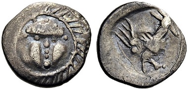 Lot 15: CENTRAL EUROPE, Boii. 1st century BC. Obol. Kolnikova, Nemcice type V. Cf. Rauch 91, 2012, 15. Very rare. Extremely fine. From the collection of a Swiss mathematician, formed in the 1980s. Starting Price: 25 CHF; Hammer Price: 650 CHF.