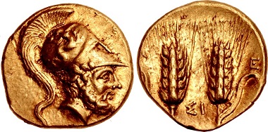 425490: LUCANIA, Metapontion. Circa 280-279 BC. Tetrobol - Third Stater. Johnston G5.1/5.3 (same obv./rev. die). Near EF. $6750.