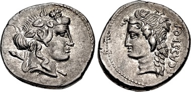 422115: L. Cassius Q.f. Longinus. 75 BC. Denarius. Rome mint. Crawford 386/1. EF. From the Volteia Collection. $1250.