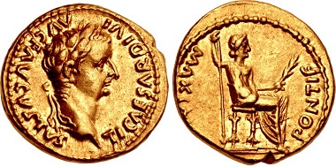 422767: Tiberius. AD 14-37. Aureus. Lugdunum (Lyon) mint. Group 2, AD 15-18. RIC I 27. Near EF. From the Byron Schieber Collection. $8750.