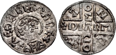 426213: ANGLO-SAXON, Kings of Wessex. Æthelberth. 858-865/6. Penny. Caentwarabyrig (Canterbury) mint; Dearmod, moneyer. Struck circa 858-864. Naismith C181c-e; BMC 18-9. Good VF. $7850.