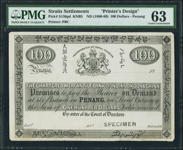 Lot 26375: Straits Settlements, Chartered Mercantile Bank of India, London and China Penang, $100 Proof, ND (1860-89), Pick S136pd. Realized $28,680.