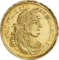 Lot 5136: POMERANIA UNDER BRANDENBURG-PRUSSIA. 4 ducats 1677, Berlin, on the seizure of Stettin by the Brandenburgs on December 27. Extremely rare. Extremely fine. Estimate: 15,000,- euros. Hammer price: 48,000,- euros.