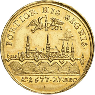 Lot 5136: POMERANIA UNDER BRANDENBURG-PRUSSIA. 4 ducats 1677, Berlin, on the seizure of Stettin by the Brandenburgs on December 27. Extremely rare. Extremely fine. Estimate: 15,000,- euros. Hammer price: 48,000,- euros.