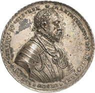 Lot 4634: HRE. Maximilian II, 1564-1576. Silver medal 1566, probably from the workshop of Nickel Milicz, Joachimstal. Very rare. Original striking. Extremely fine. Estimate: 3,500,- euros. Hammer price: 11,000,- euros.